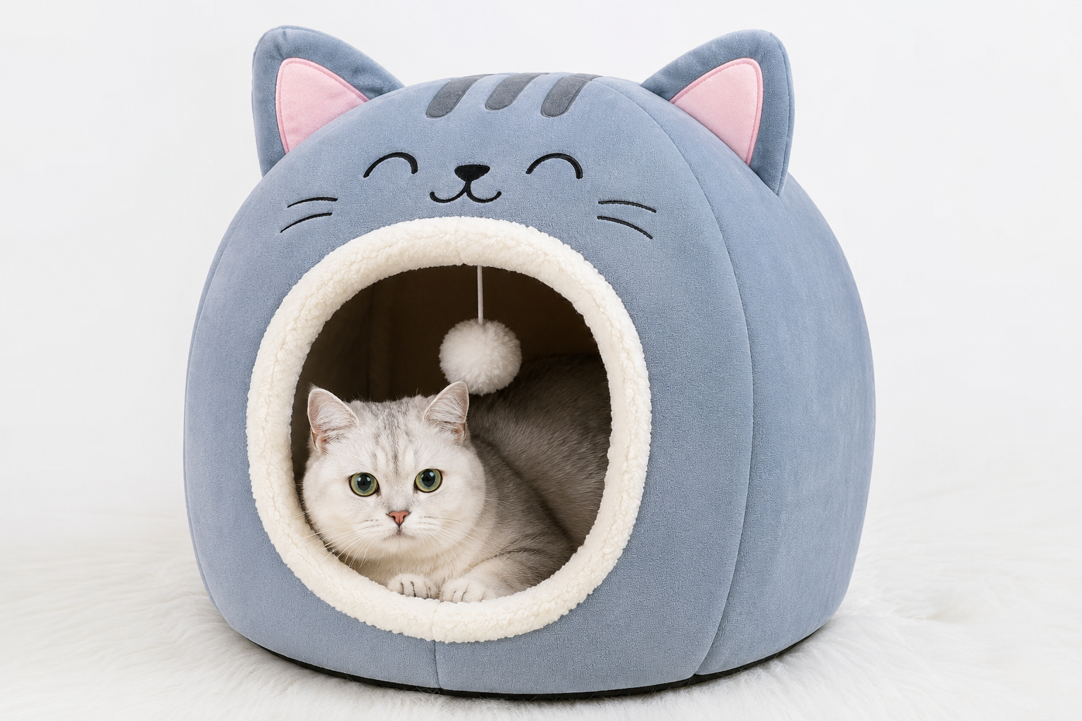 Blue cartoon cat nest bed with a white cat resting inside