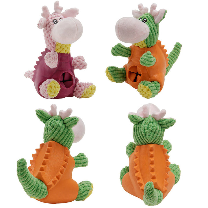 Interactive treat-dispensing plush dog toy with built-in squeaker and rubber vest
