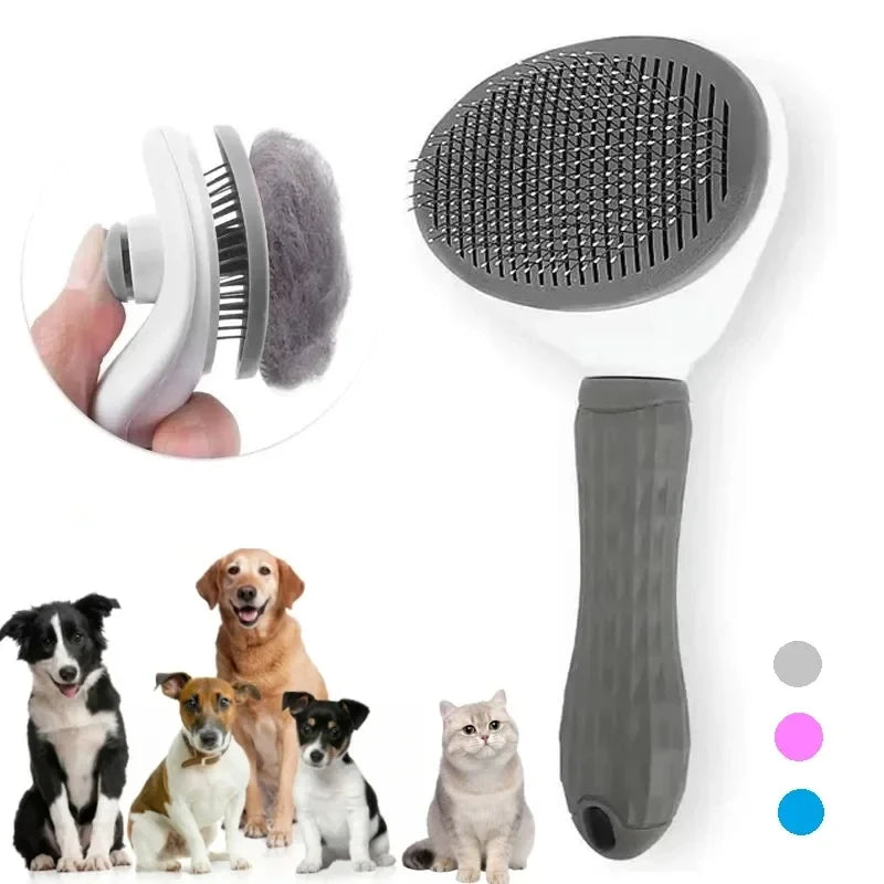Self-cleaning pet grooming brush for removing loose hair from dogs and cats