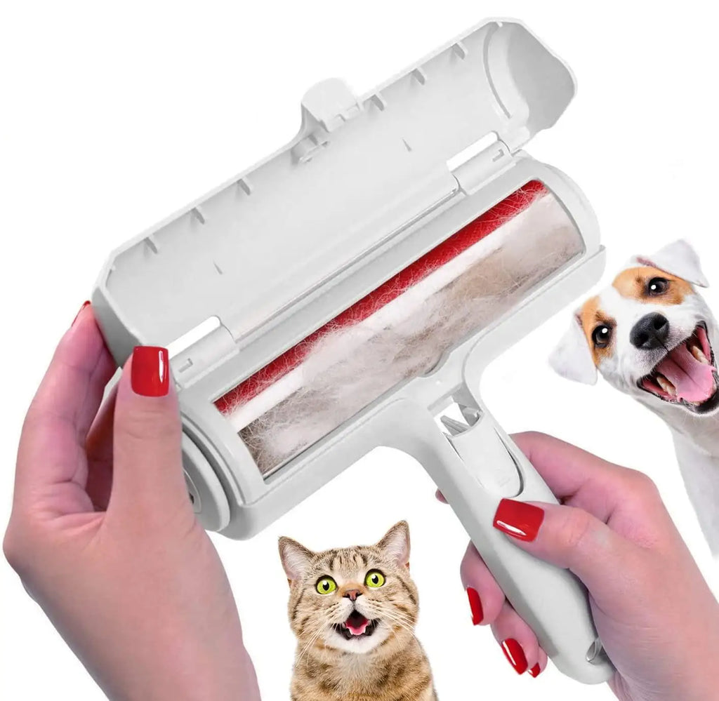 Self-cleaning pet hair remover roller for dog and cat fur on furniture
