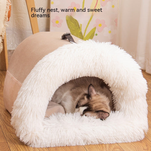 Cozy striped plush cat house bed for cats and small dogs in pink gray and brown